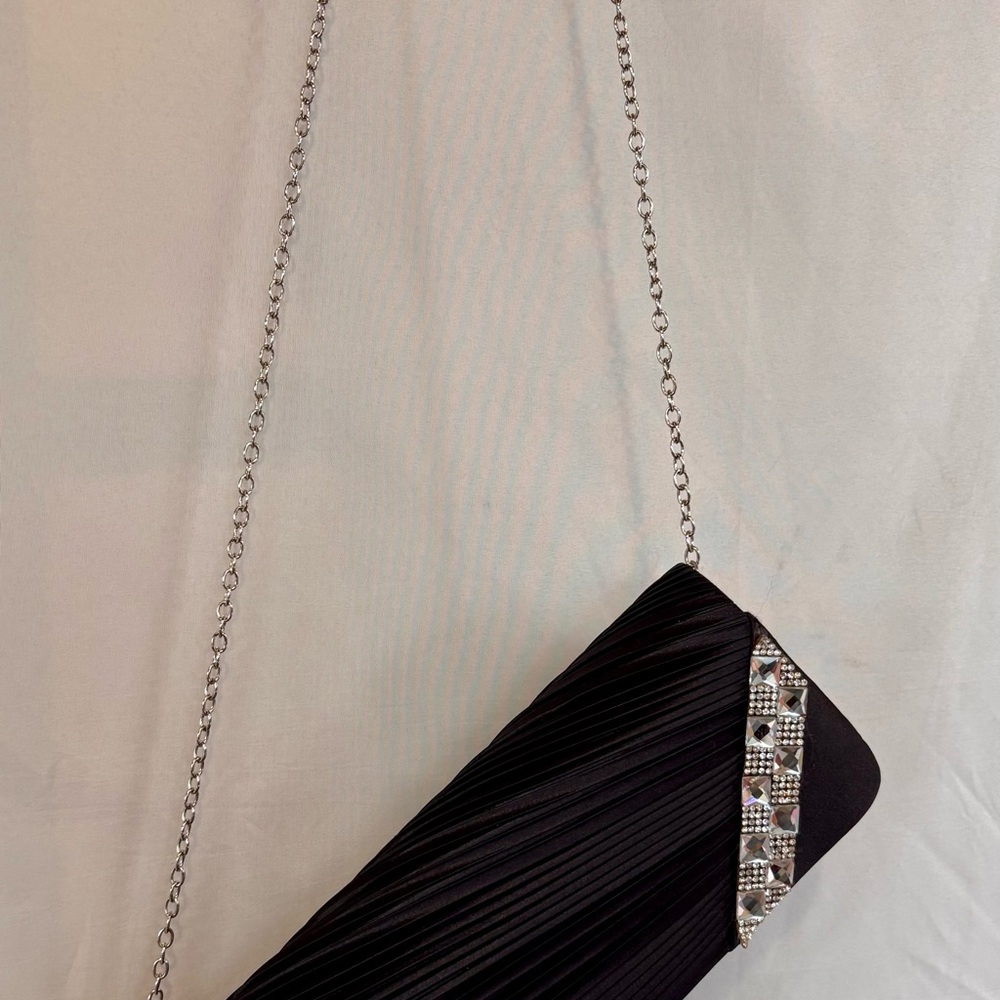 Formalwear Black Clutch with Silver Chain and Silver Rhinestone Embellishment
